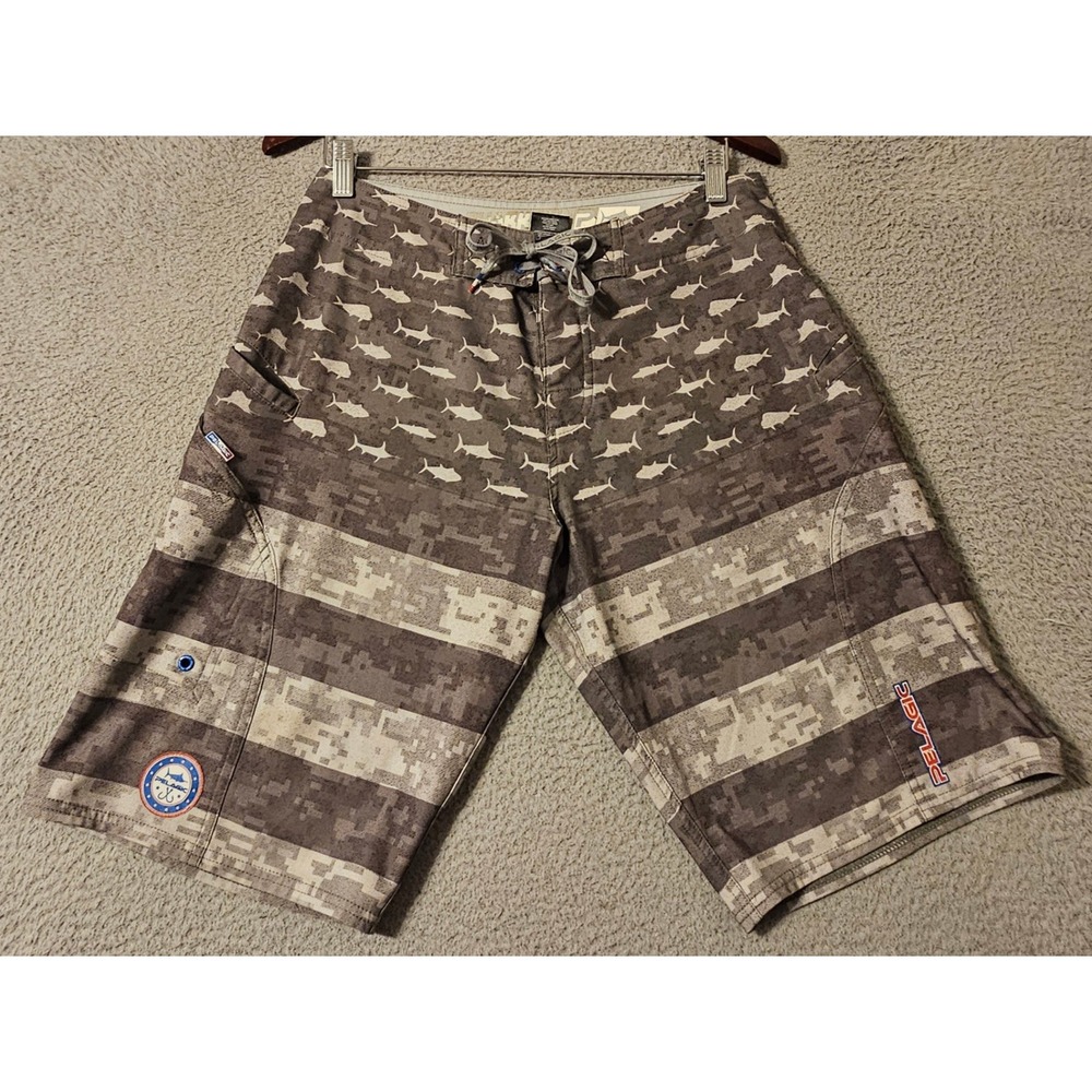 Pelagic Sharkskin Boardshorts Mens 30 Grey Camo Fish Print Fishing Swim Trunks
